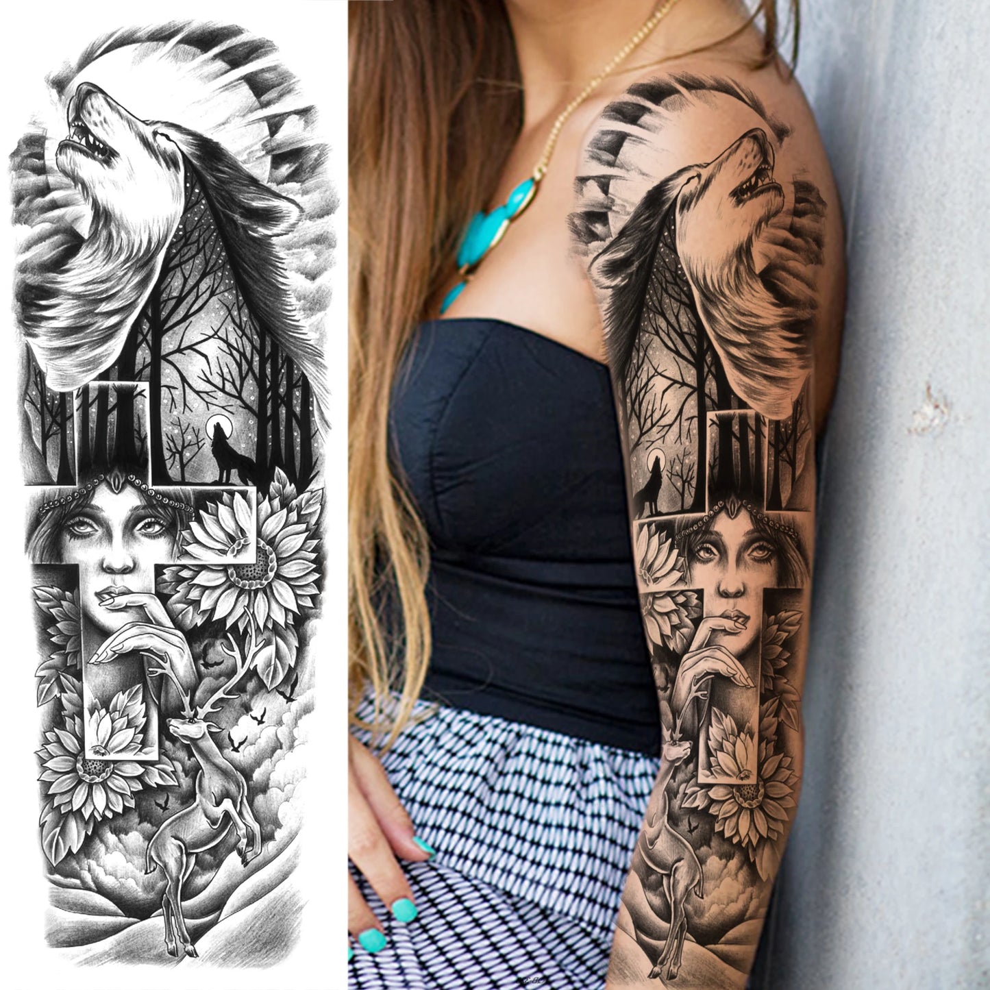 1 Sheets Wolf Lion Tiger Maori Temporary Tattoos For Men Women Adults Full Sleeve Arm Flower Rose Skull Tattoo Sticker Decor 