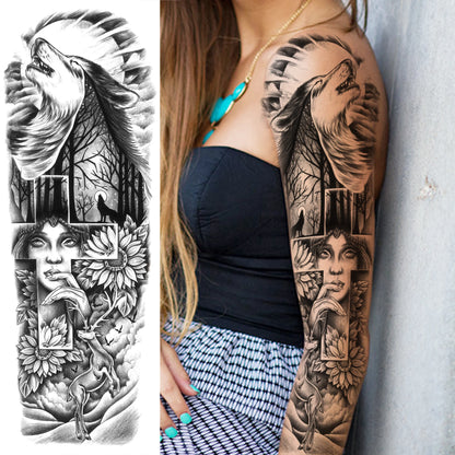 1 Sheets Wolf Lion Tiger Maori Temporary Tattoos For Men Women Adults Full Sleeve Arm Flower Rose Skull Tattoo Sticker Decor 
