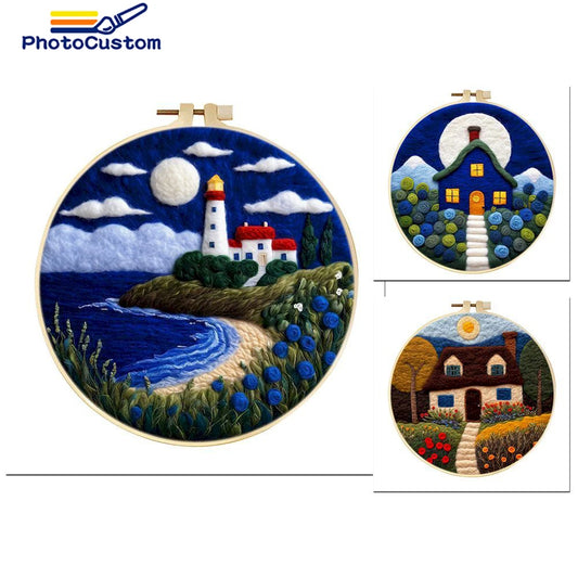 PhotoCustom Diy Felting Kit Wool Felting Painting With Complete Kit House Landscape Wool Needle Felt Picture Kit Felt Craft N