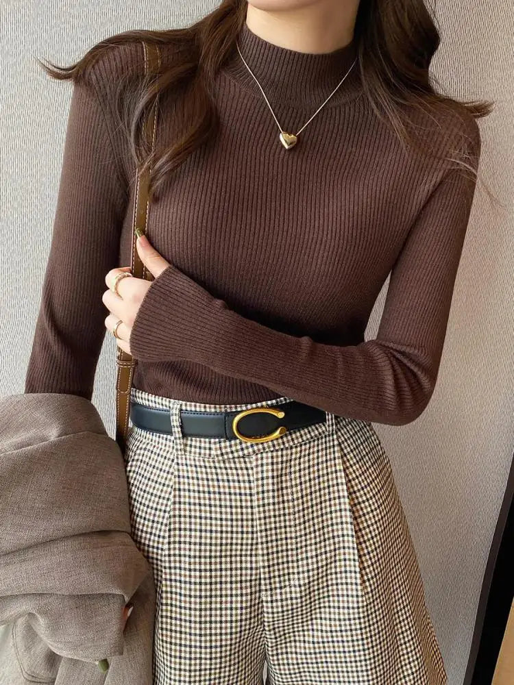 Autumn Winter Mock Neck Women Sweater Vintage Basic Solid Knitted Korean Tops Casual Slim Pullover Sweaters Simple Chic Jumpe