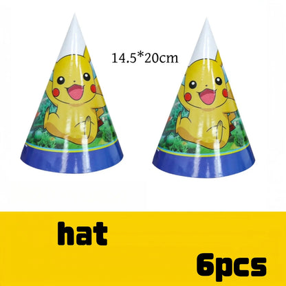 Decoration Pokemon Birthday Party Hats Pikachu Disposable Tableware Tablecloth Cup Plate Napkin Baby Shower Party Favors Poke