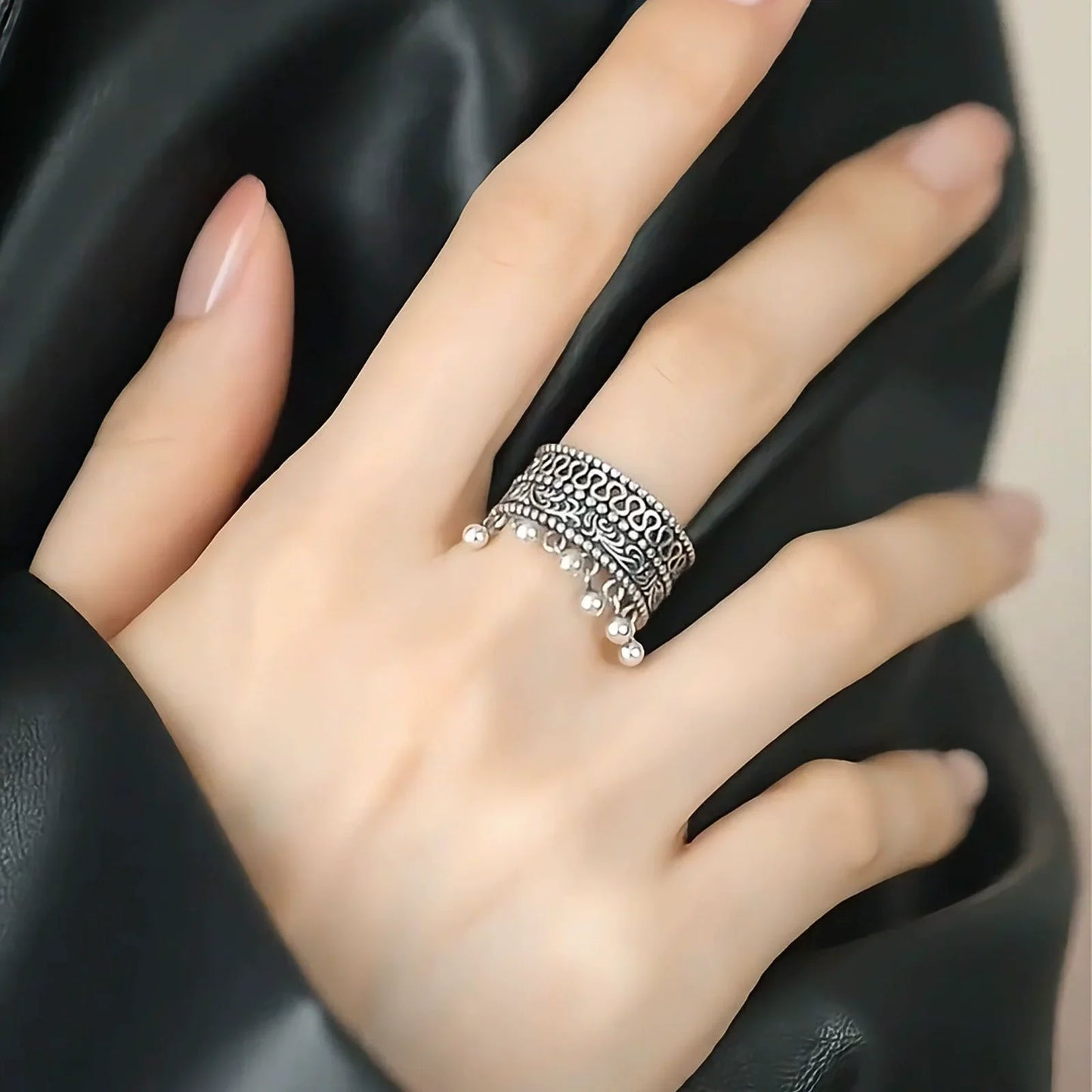 XIYANIKE Vintage Thai Silver Round Beads Tassel Adjustable Finger Rings For Women Hiphop Fashion New Jewelry Gift Party Rock