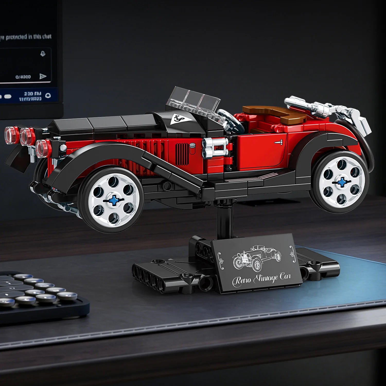 Vintage Classic Car Building Blocks, Retro Roadster Model Bricks with Display Stand, DIY Assembled Collectible Toy Gift