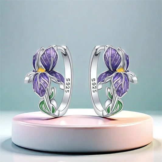 925 Sterling Silver Flower and Plant Series Purple Iris Earrings Exquisite Wedding Party Gifts for Ladies Jewelry Fashion Gif