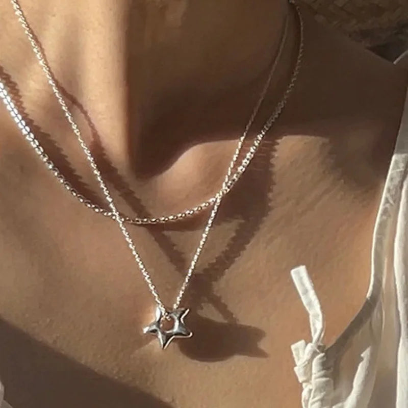 Simple Trendy Star Hollow Choker Necklace Pendant Neck Jewelry Accessories Women Men's Fashion Party Chain Necklace