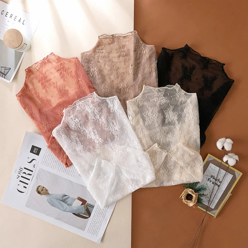 Sexy Women Mesh T-Shirts Transparent Lace Blouse Long Sleeve See Through Tops For Women Bottoming Shirt Sheer Tees Body Crop 