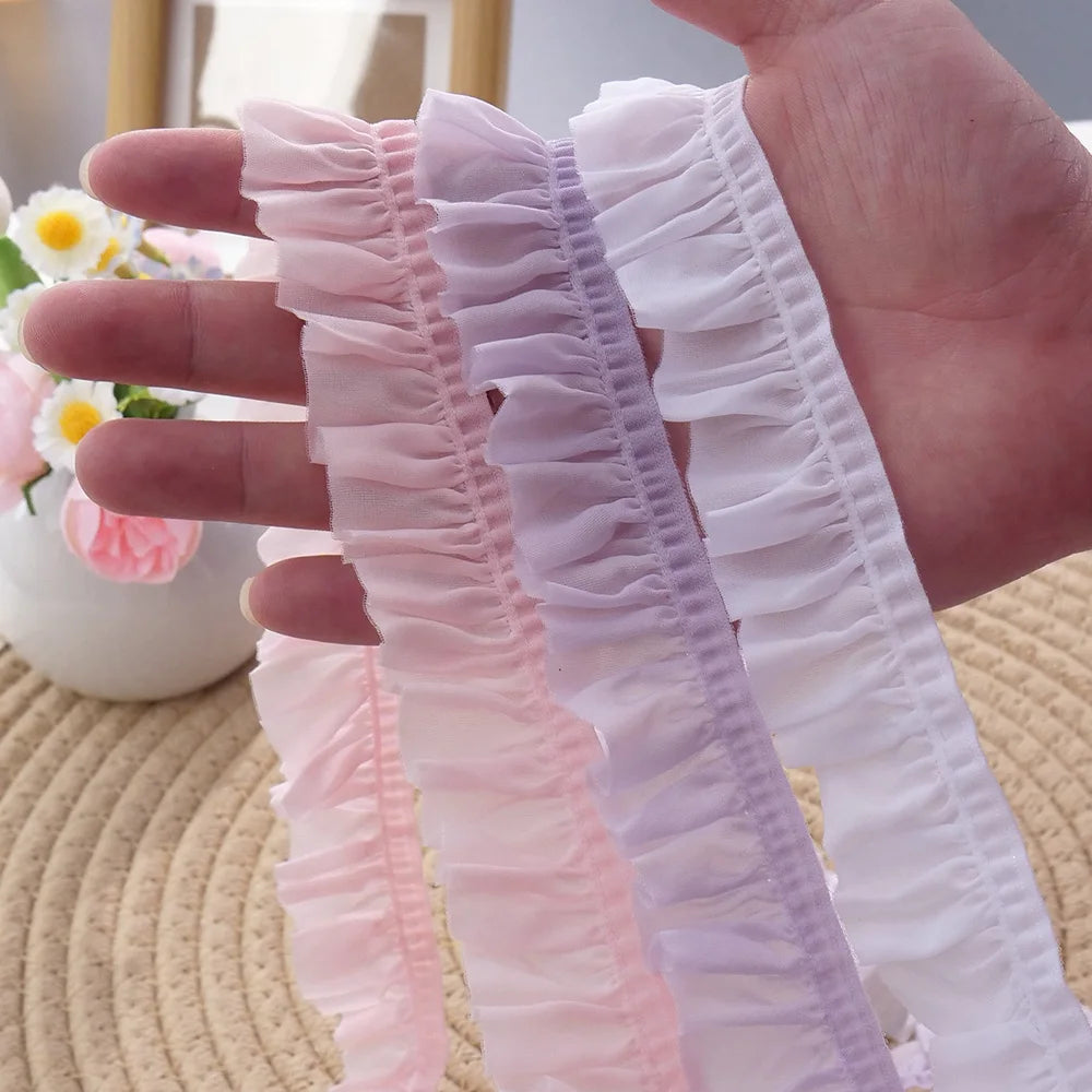 Elastic 25mm Wide Pleated Needlework Ruffles Trim Lace Fabirc Neckline Cuffs Pets Clothes Apparel Skirt DIY Sewing Decor Ribb
