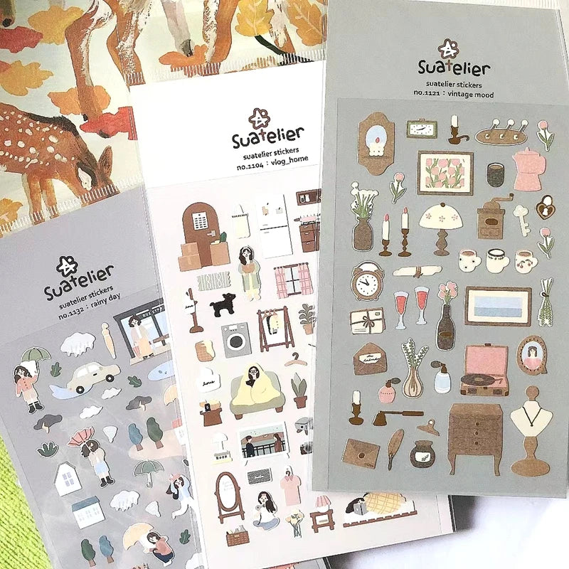 Korean Suatelier Stickers Cute Home Style Scrapbooking DIY Junk Journal Diary Stationery Deco Sticker Handiwork Craft Supplie
