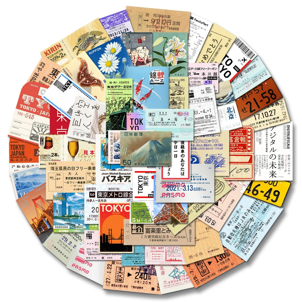 60PCS INS Style Stamp Sticker Japanese Postcard Ticket Stationery Travel Diary Luggage Waterproof Helmet Stickers - 120PCS