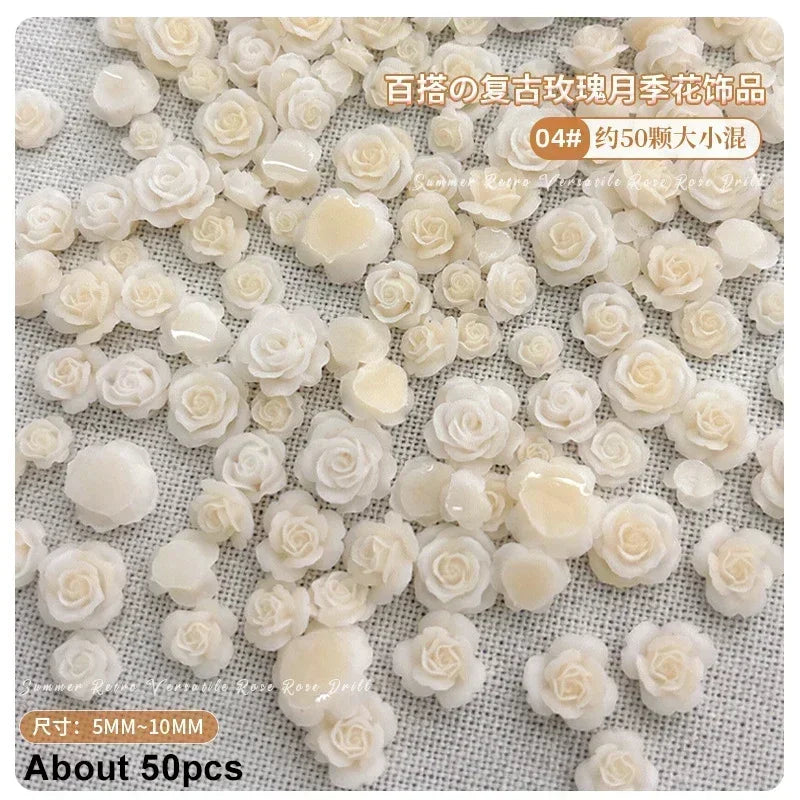 50Pcs Vintage 3D Rose Flowers Nail Art Jewelry Decoration Colorful Halo Dyeing Camellia DIY Fashion Manicure Accessory - MP80