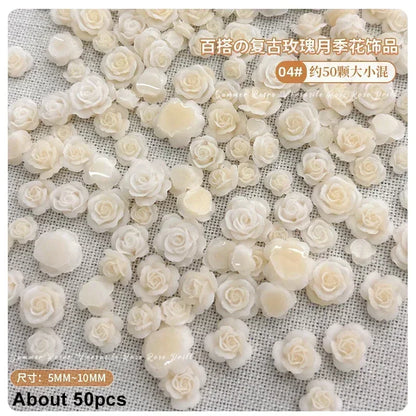50Pcs Vintage 3D Rose Flowers Nail Art Jewelry Decoration Colorful Halo Dyeing Camellia DIY Fashion Manicure Accessory - MP80