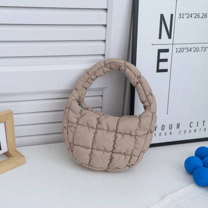 Fashion Mini Puffer Tote Bag Quilted Circle Phone Purse Elegant Purple Soft Nylon Padded Key Pouch Simple Trend Handbag - A7