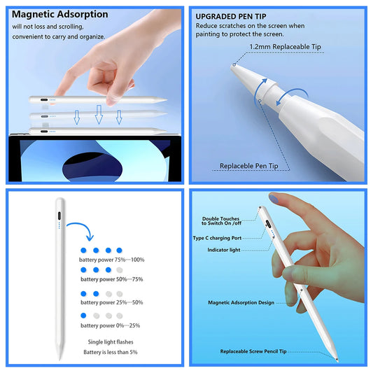 Stylus Pen for Apple Pencil with LED Power Indicators Palm Rejection Touch Pen for 2026 2025 2022 2021 2020 2019 2018 iPad Pe