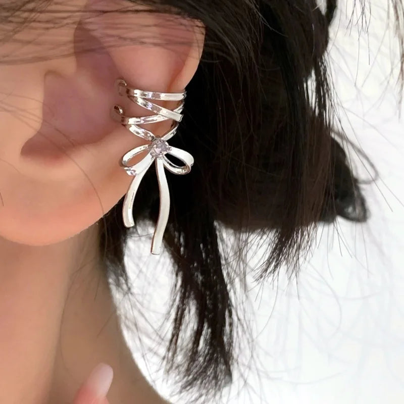 Girls New Ribbon Aesthetics Ear Clips Ballet Style Ribbon Bow-knot Ear Cuff Women Korean Fashion Kpop Earring Jewelry