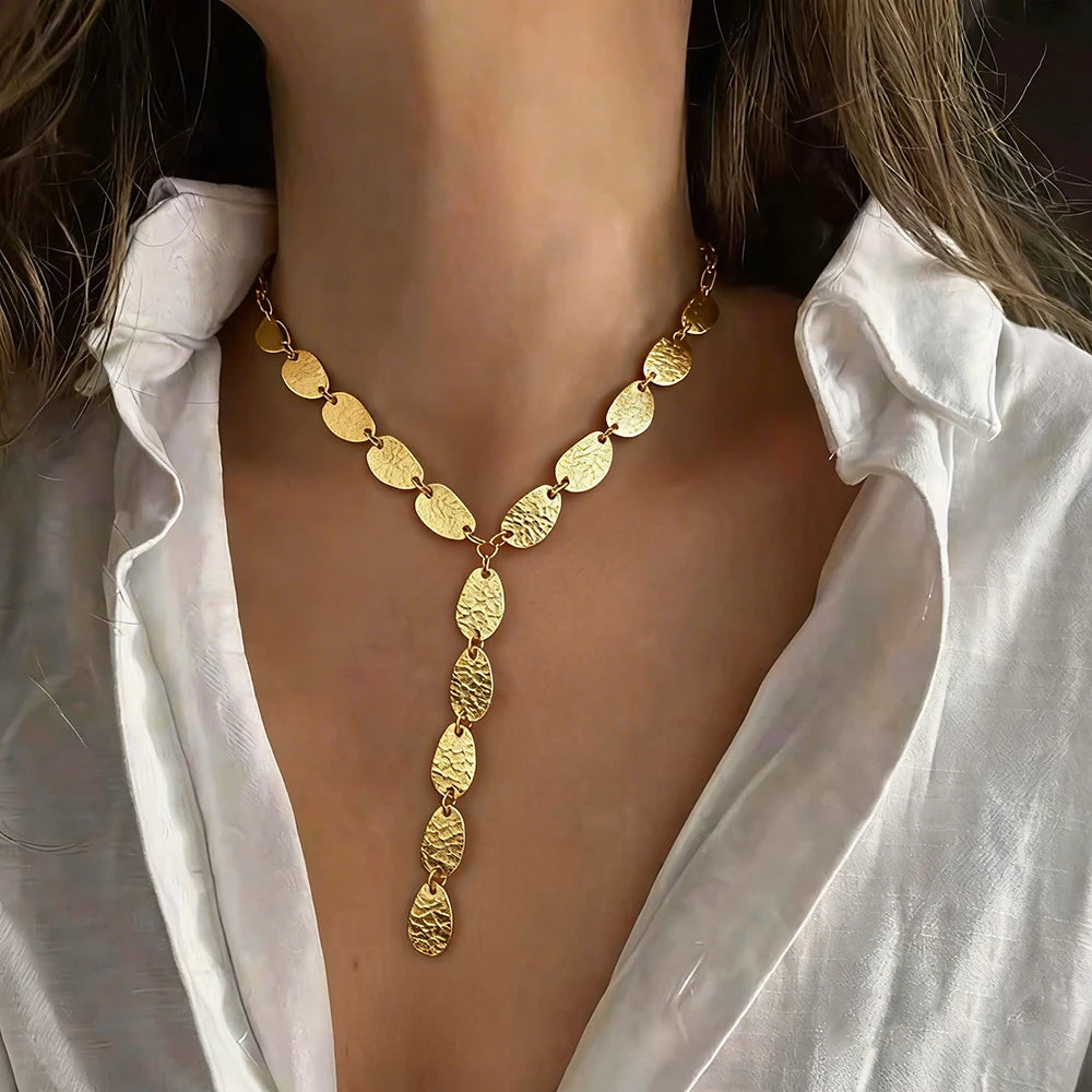 Vintage Y Shaped Lariat Necklace Gold Irregular Hammered Pendant Hypoallergenic Dainty Minimalist Daily Jewelry Gift for Wome