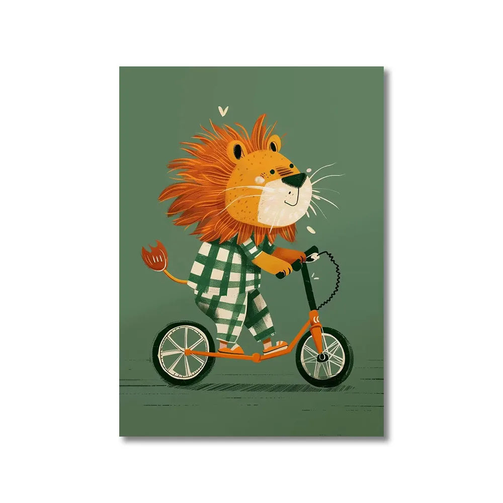Minimalist Cute Skateboard Animal Wall Art Dog, Lion, Crocodile, Tiger, Bear, and Car Canvas Print Home Decor for Kids' Rooms