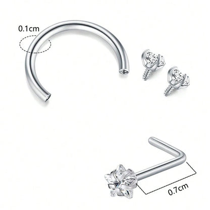 6/2pcs Horseshoe Nose Rings With L-Shape Nose Stud, Stainless Steel Rianbow CZ Nose Ring,, Lip Eyebrow Helix Ear Piercing