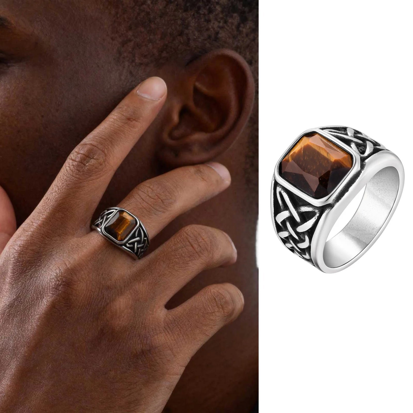 Punk Vintage Ethnic Rings for Men, Retro Viking Knot Rune Finger Band, Black Geometric Square Stone Signet Ring Jewelry