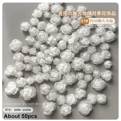 50Pcs Vintage 3D Rose Flowers Nail Art Jewelry Decoration Colorful Halo Dyeing Camellia DIY Fashion Manicure Accessory - MP80