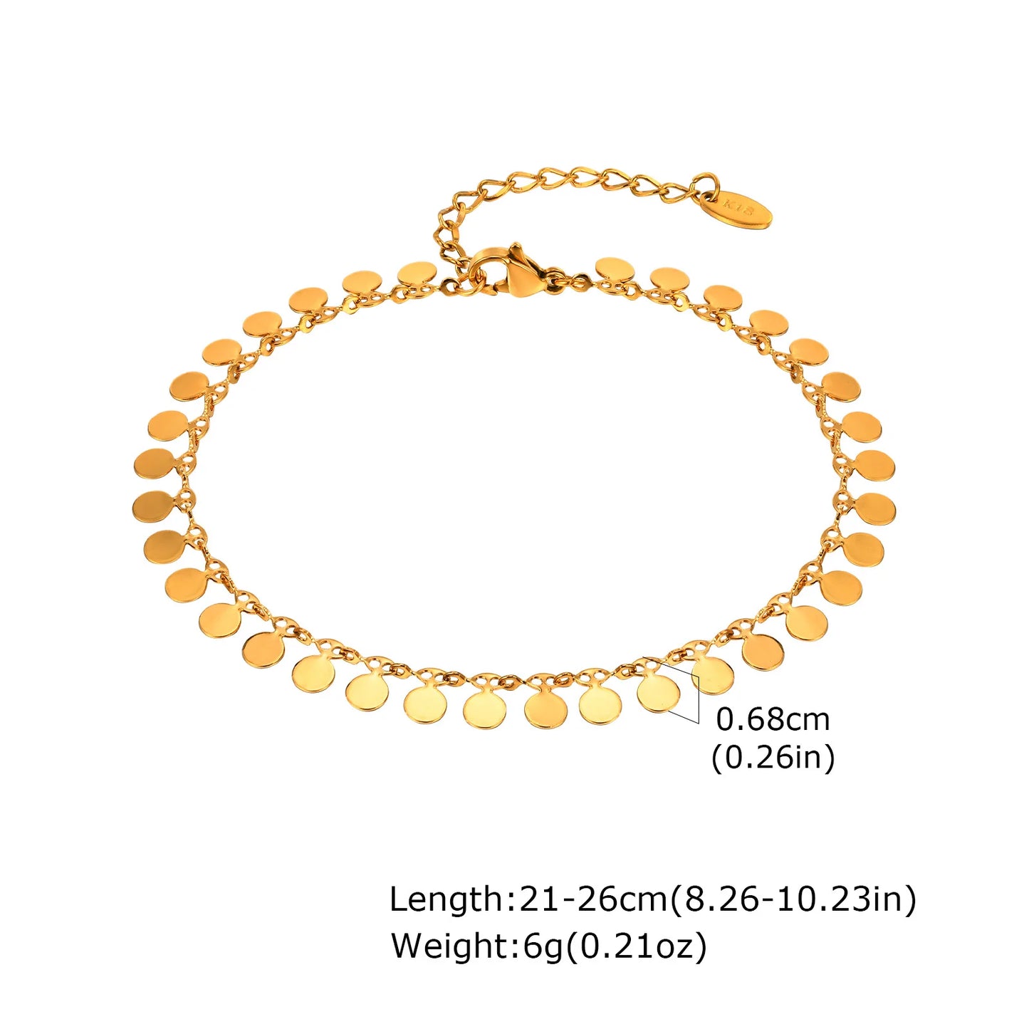 Anklet Set Layered for Women 18K Gold Plated Stainless Steel Flat Snake Chain Round Disk Waterproof Jewelry - JC-188G