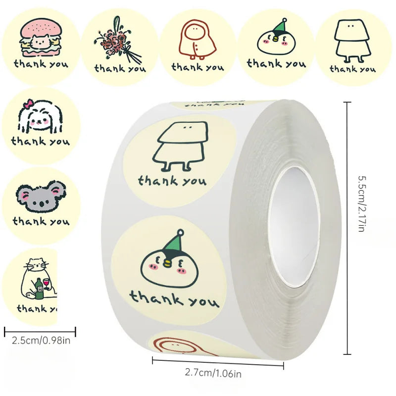 500Paste/Roll Cartoon Funny Thank You Stickers，Holiday Gift Decorative Sealed Sticker，DIYThank You Stick Label