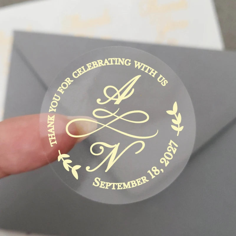 50 X Foiled Wedding Monogram Initials Stickers, Personalised Wedding Favour Labels, Custom Shiny Foil Gold Transparent