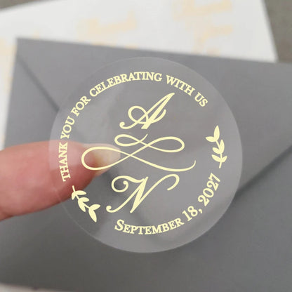 50 X Foiled Wedding Monogram Initials Stickers, Personalised Wedding Favour Labels, Custom Shiny Foil Gold Transparent
