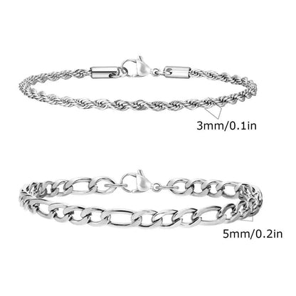 2pcs Men's Chain Bracelets,Stainless Steel Silver Gold Black Color Twist Rope Chain Wristband,Trendy Cuban Link Chains Gift -