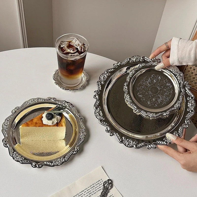 Retro Luxury Silver Plated Plates Cake Dessert Tray High Tea Snack Fruit Dish Jewelry Storage Tabletop Decor Home Hotel Suppl