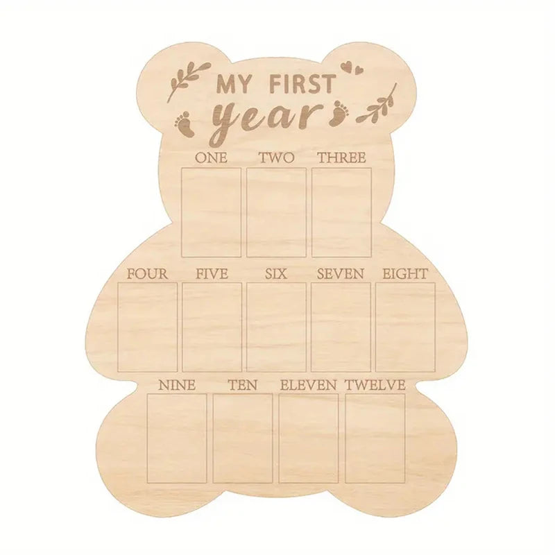 Wooden Bear First Year Milestone Photo Frame Wood Poster Board Memorial Table Decor Ornament Poster Board for Birthday Gift -