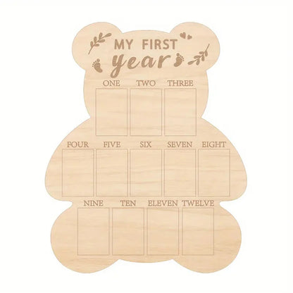 Wooden Bear First Year Milestone Photo Frame Wood Poster Board Memorial Table Decor Ornament Poster Board for Birthday Gift -