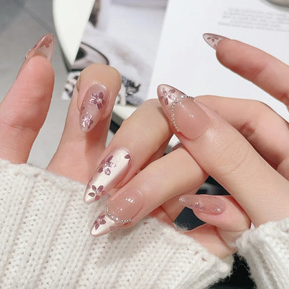10pcs Medium Almond Handmade Press On Nails Kit, Pink Fake Nails, Noble Elegant Wearable Nail Art, Splendid Flowers