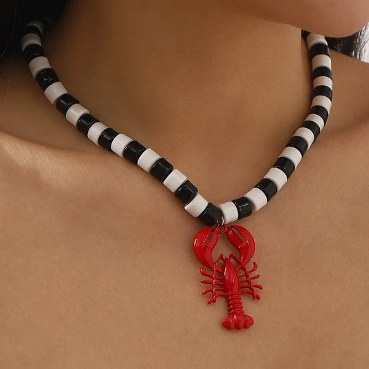 Boho Handmade Lobster Earrings Stone Beaded Enamel Necklace Lobster Metal Shells Earring for Women Summer Beach Popular Jewel