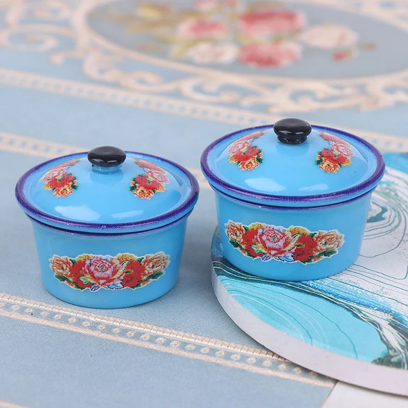 2pcs Dollhouse Miniature Nostalgic Life Scene Decoration Enamel Basin Doll Accessories Toys - Blue