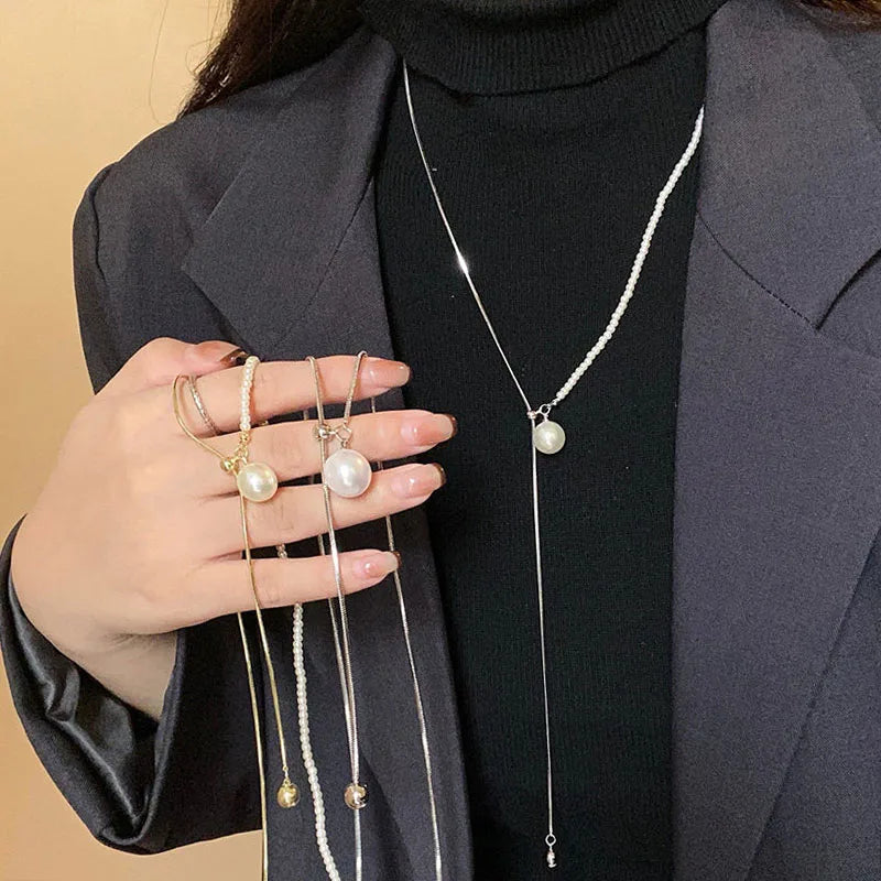 Chic Pearl Lariat Necklace Gold Chain Adjustable Minimalist Sweater Chain Jewelry for Women Statement Neck Jewelry Accessory 