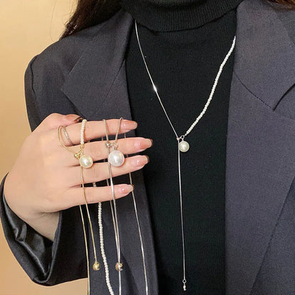 Chic Pearl Lariat Necklace Gold Chain Adjustable Minimalist Sweater Chain Jewelry for Women Statement Neck Jewelry Accessory 