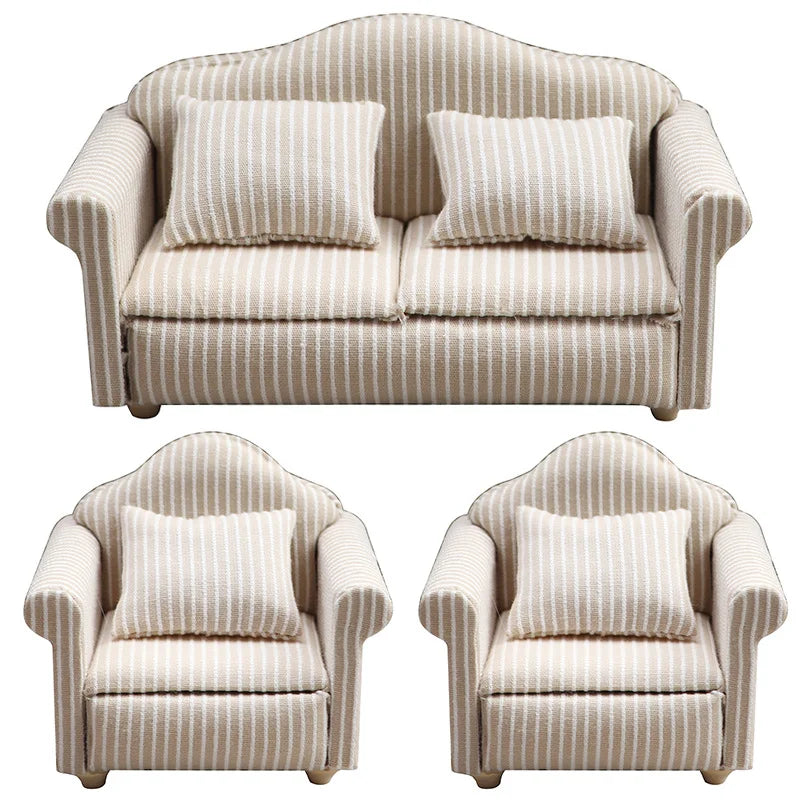 1: 12 Mini Furniture Sofa DIY Decoration Doll House Mini Furniture Living Room Furniture White Beige Sofa with Pillows - Thre