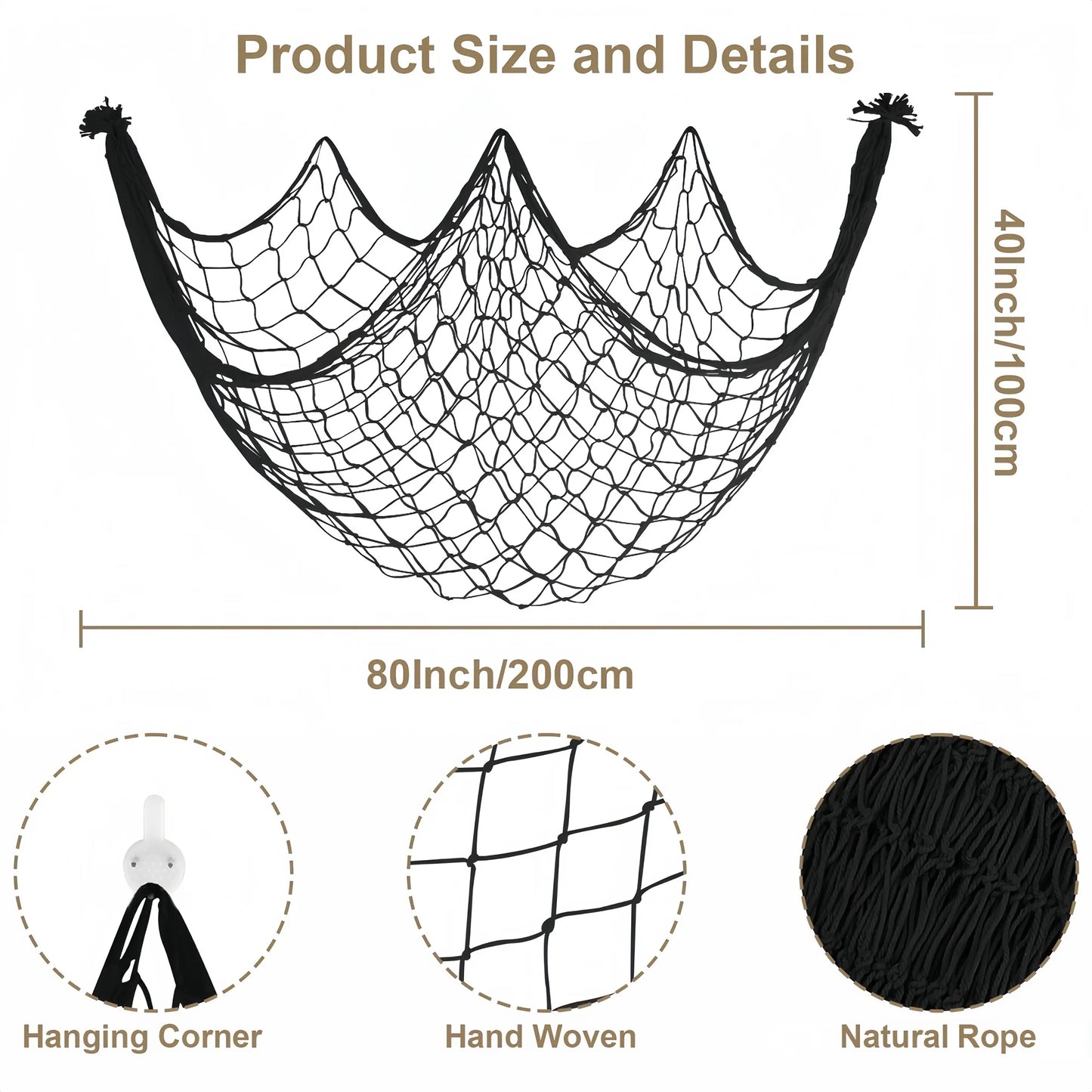 80x40 Inch Fishing Net Decor, Thick Natural Material Nautical Mesh, Wall Table Ceiling Decoration for Halloween Christmas Par
