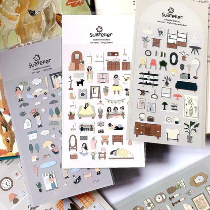 Korean Suatelier Stickers Cute Home Style Scrapbooking DIY Junk Journal Diary Stationery Deco Sticker Handiwork Craft Supplie