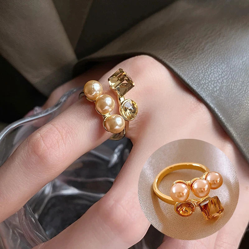 European and American Retro Metal Geometric Rhinestone Contrasting Open Rings For Women‘s Trendy Jewelry Finger Accessorioes 