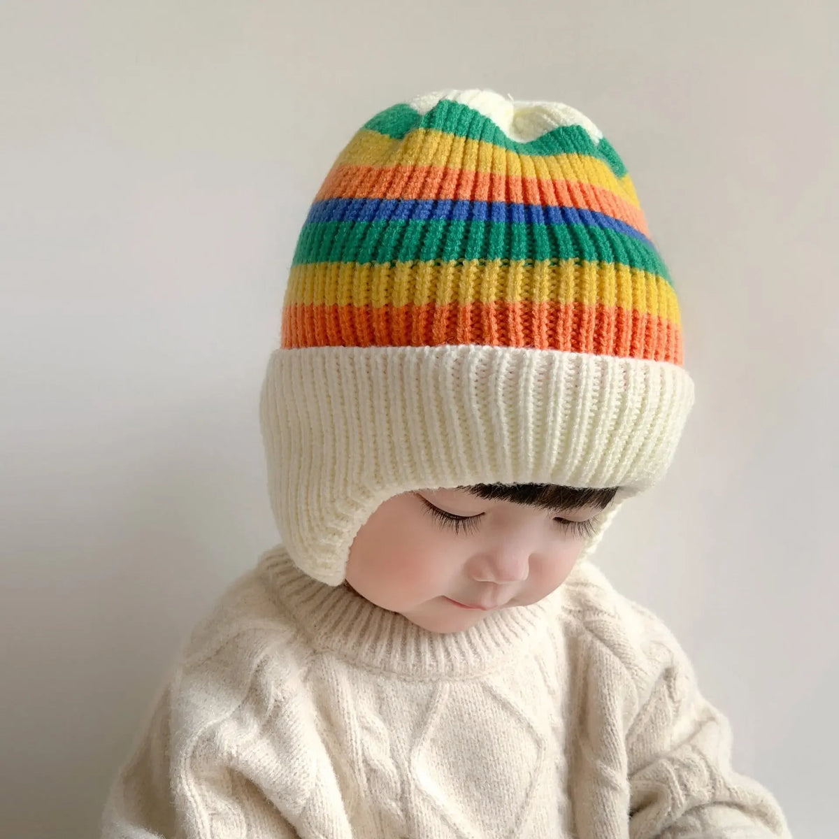 Baby wool hat cute bear ear protection hat children winter thickened warm knitted Korean version of the baby hat - White