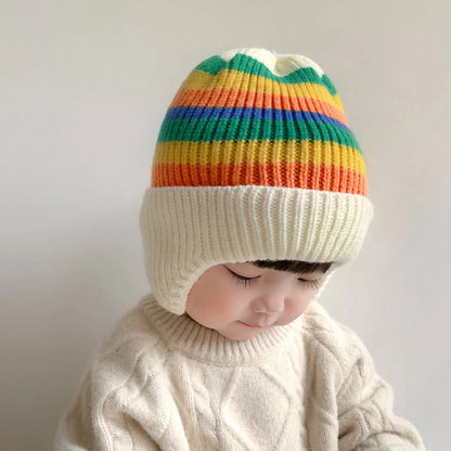 Baby wool hat cute bear ear protection hat children winter thickened warm knitted Korean version of the baby hat - White