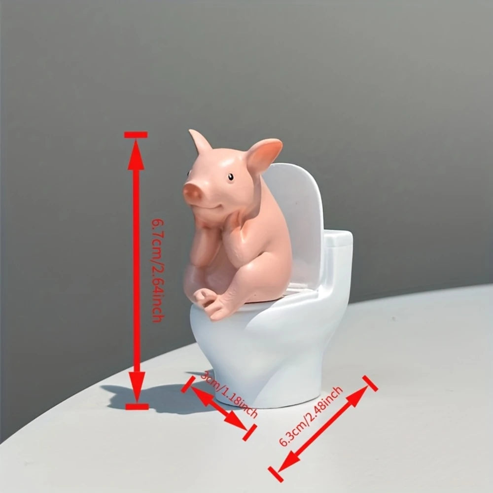 Cute Pig Sitting on Toilet — Pvc Bathroom Statue, Tabletop or Wall-Mount Decor — Father's Day Gift for Home & Office