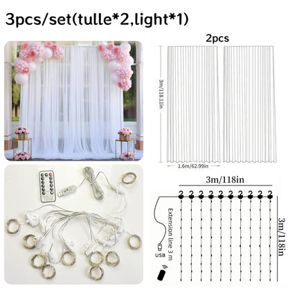 3*3m Tulle Backdrop Curtains, Optional Curtains Light, Decoration for Home Wedding Birthday Party Christmas Photography Backd