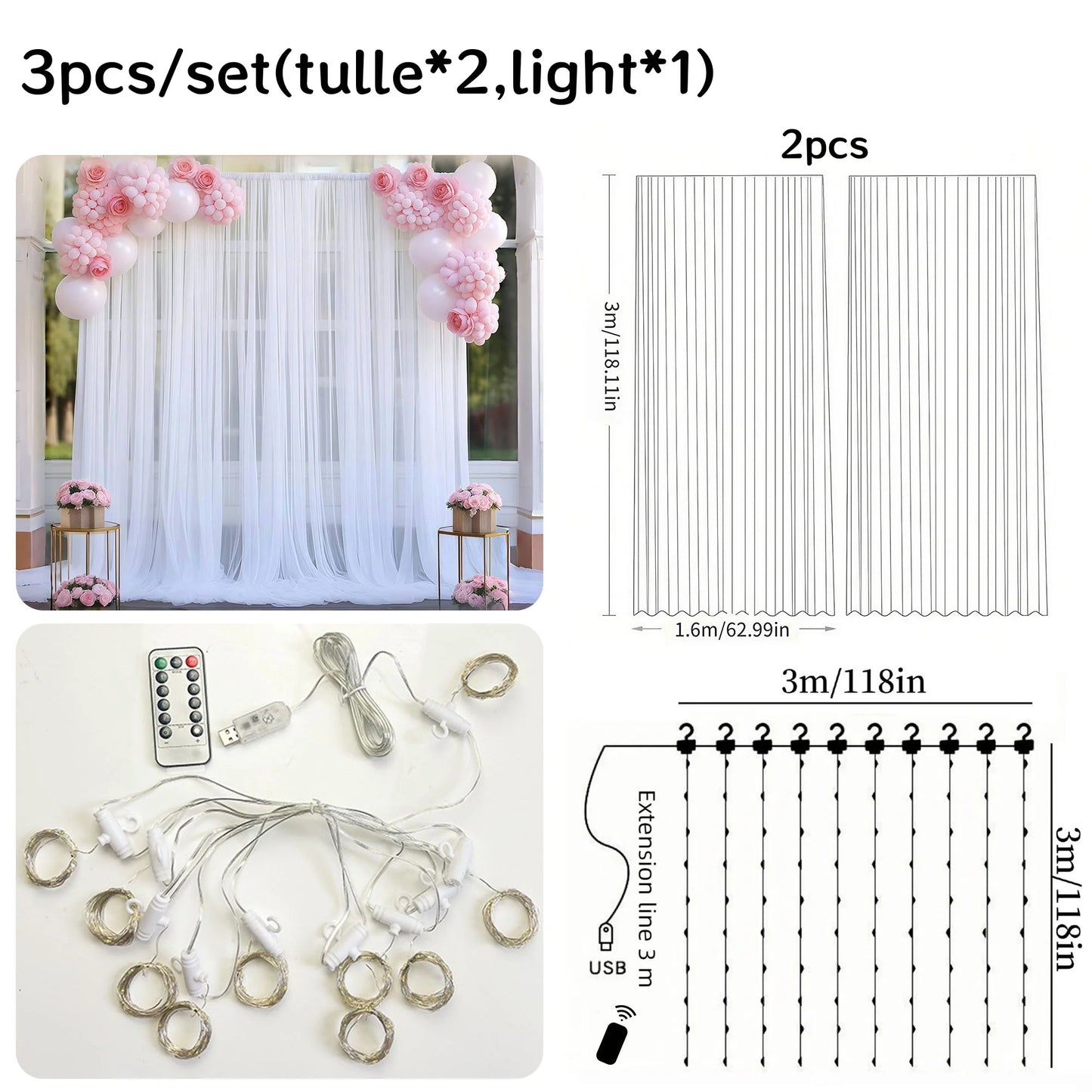 3*3m Tulle Backdrop Curtains, Optional Curtains Light, Decoration for Home Wedding Birthday Party Christmas Photography Backd