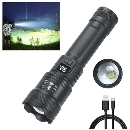 High Strong Power Led Flashlights 2000LM Tactical Torch with Display Light USB Charging Camping Fishing Emergency Zoom Lanter