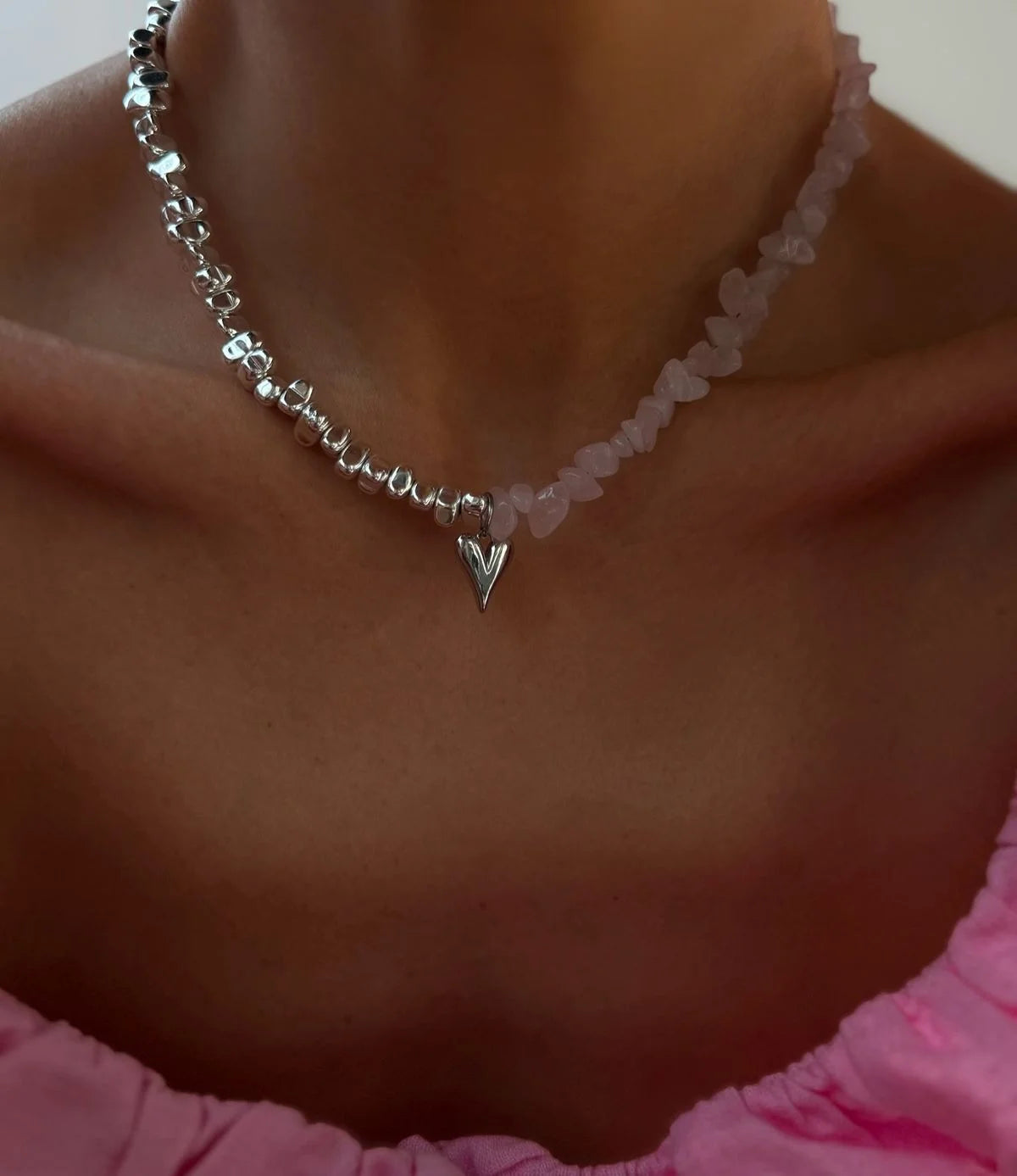 Fashion Vintage Silver Color Geometric Bead Chain Necklace For Women Female Boho Tassel Heart Pendant Jewelry - NES-25919-6