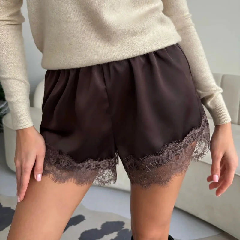 Women Heart Print Lace Satin Shorts Silk Y2k Elastic Waist Mini Shorts Coquette Aesthetic Boxer Slip Pettipants French Knicke