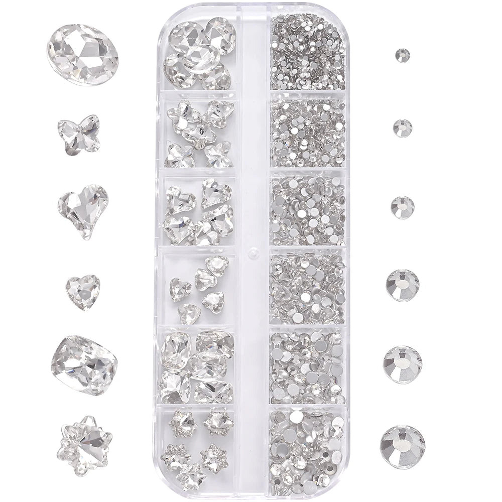 1Box 3D Clear Nail Art Rhinestones 12Shapes Mixed Oval,Butterfly,Heart,Flower,Round Diamond Nail Charms DIY Nail Art Decorati