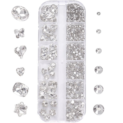 1Box 3D Clear Nail Art Rhinestones 12Shapes Mixed Oval,Butterfly,Heart,Flower,Round Diamond Nail Charms DIY Nail Art Decorati